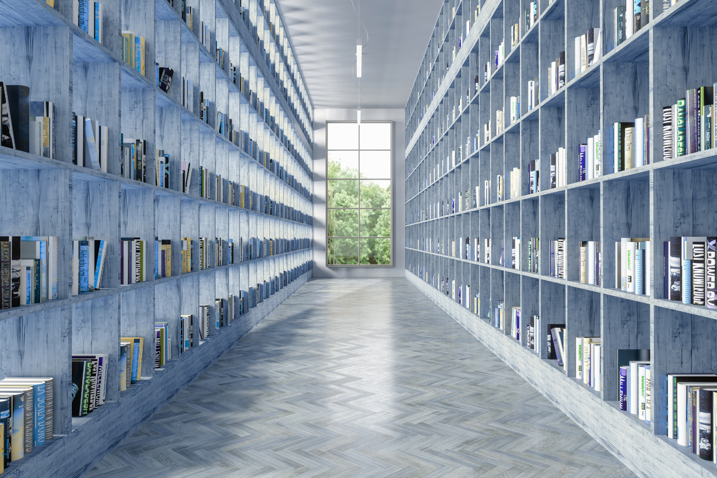 Große Bibliothekshalle – rechts und links Bücher in den quadratischen Regalen
